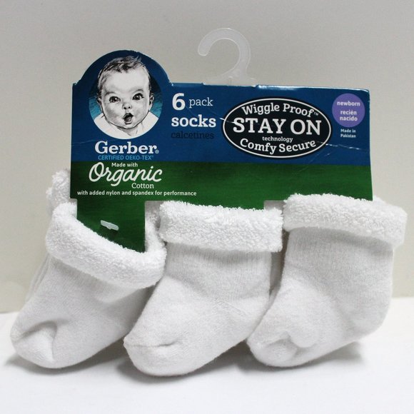 Gerber 6 Pack Wiggle Proof Stay On Comfy Secure Organic Cotton Newborn Socks - Picture 1 of 9